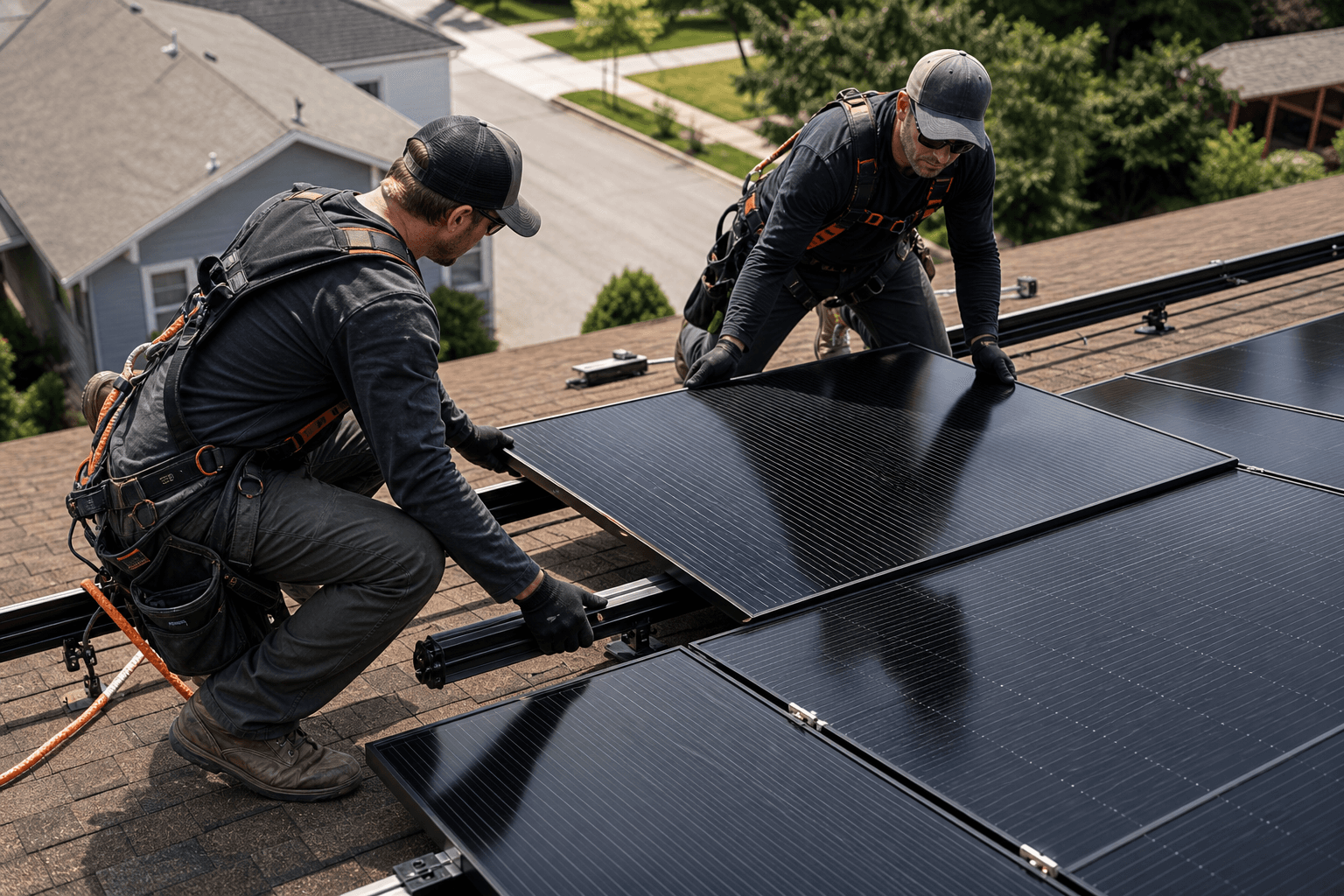 Professional solar installers placing black panels on a residential roof