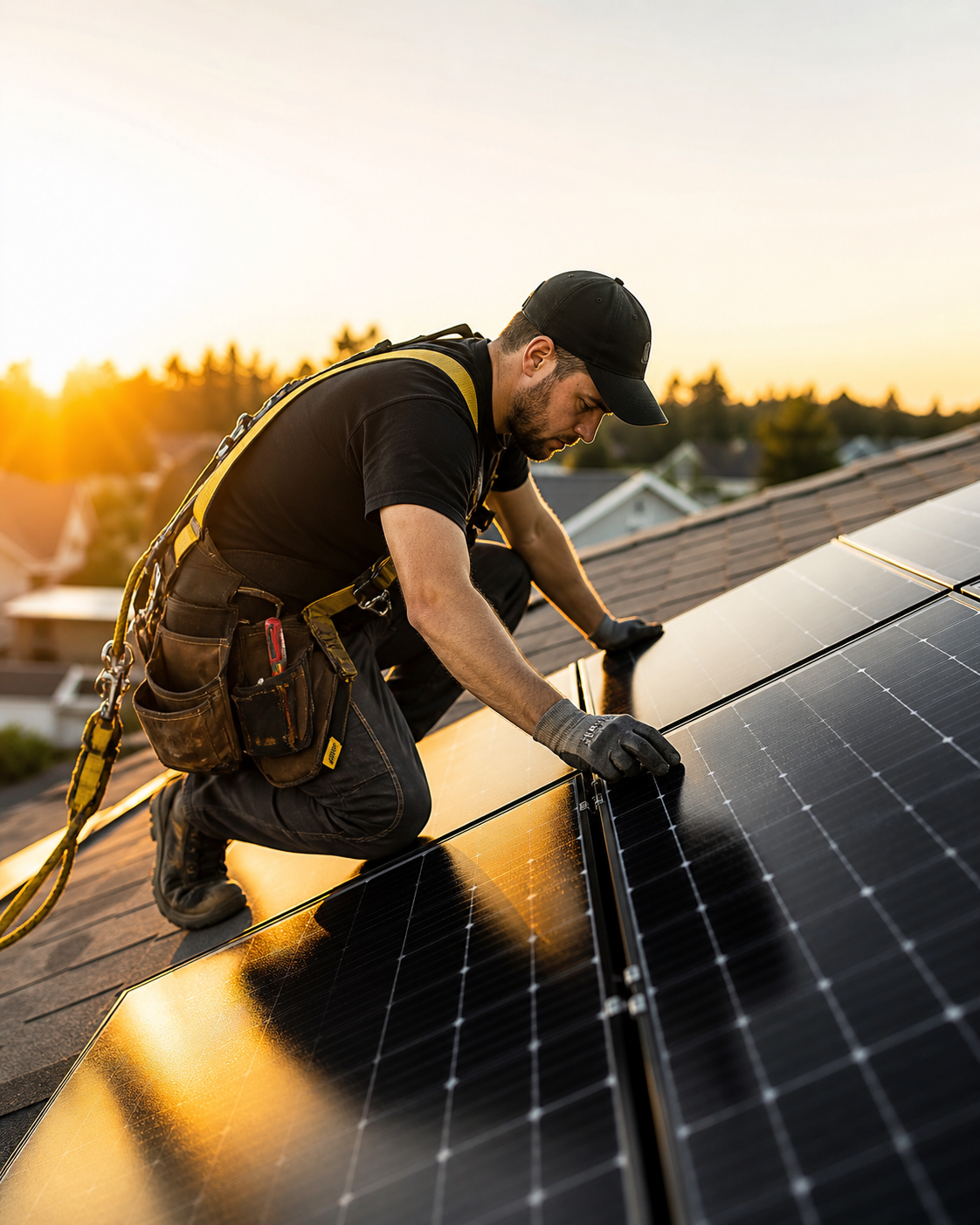 Solar install lead checking panel alignment on a residential roof