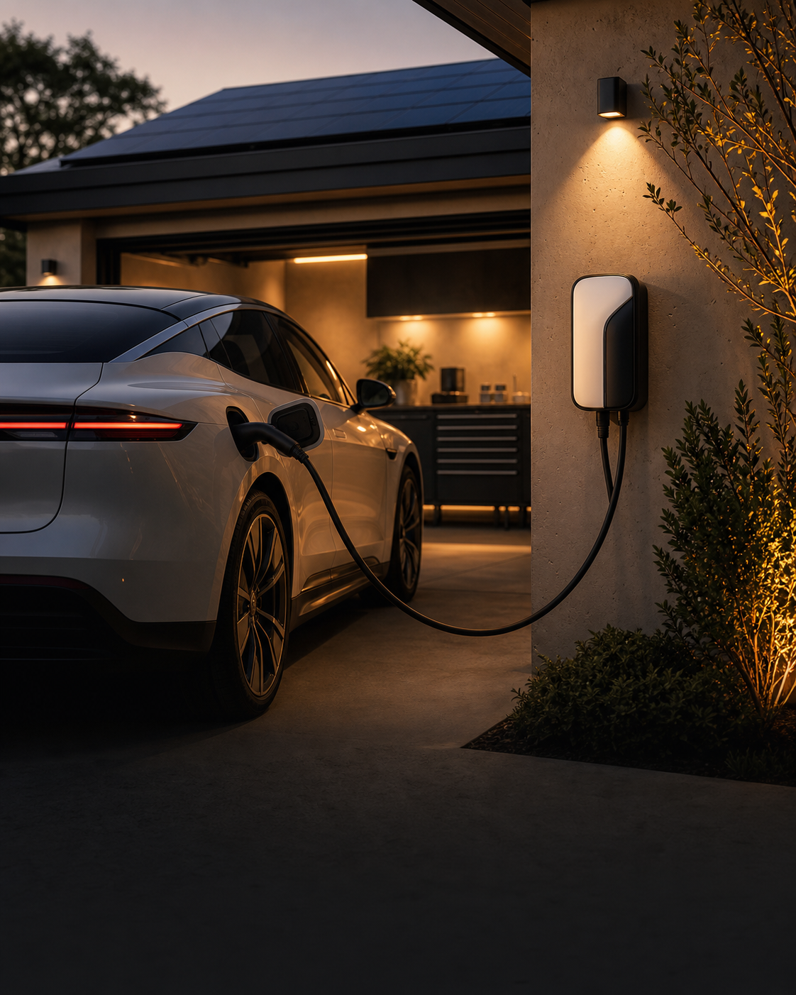 Electric vehicle charging at a modern home garage in warm evening light
