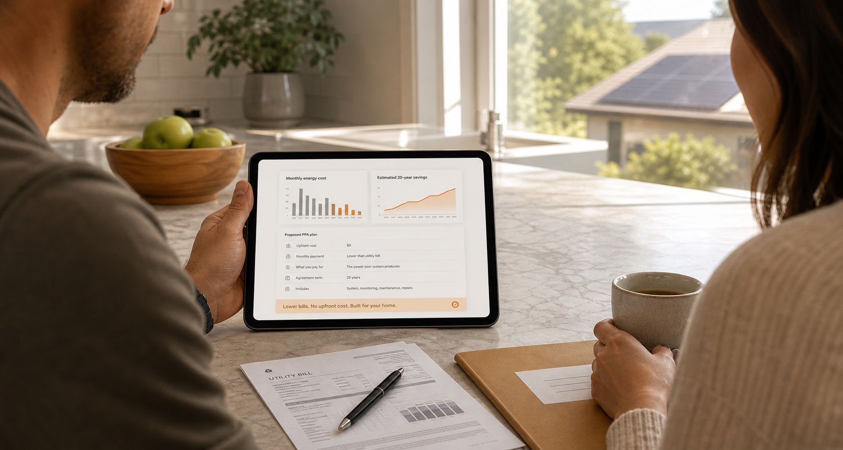 Homeowner reviewing a solar PPA proposal and savings model